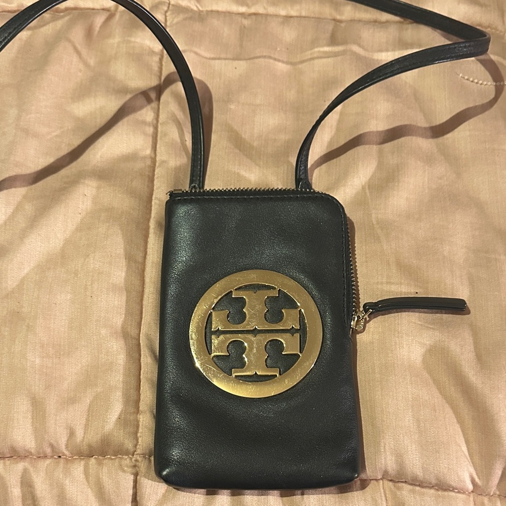 Tory Burch Black Leather Crossbody with Gold Emblem